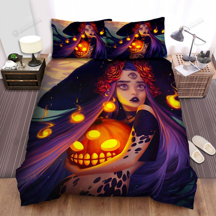 Halloween, Witch, 3 Eyes Witch Bed Sheets Spread Duvet Cover Bedding Sets