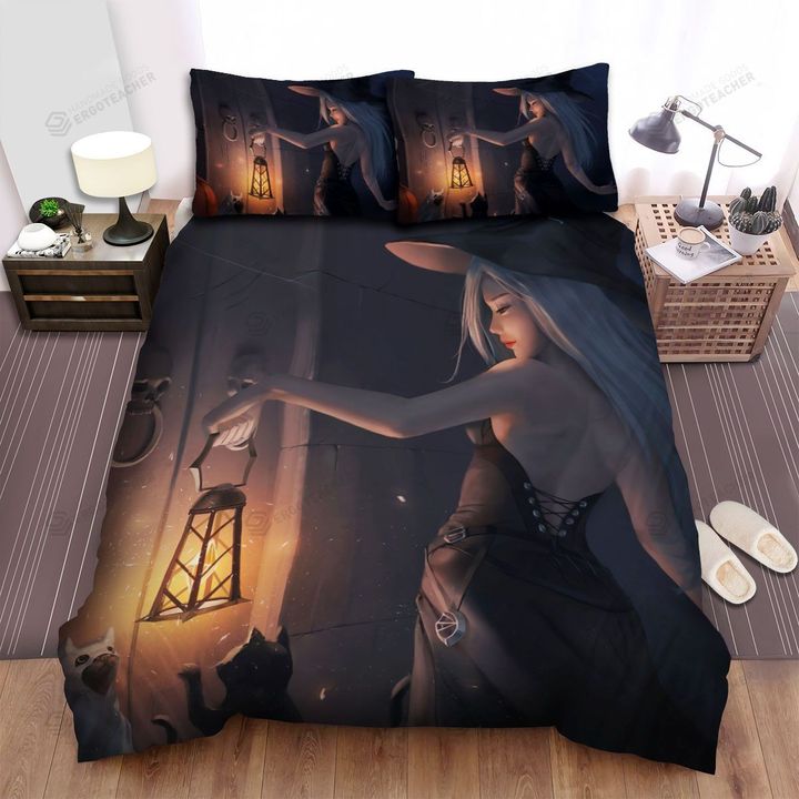 Halloween, Witch, White Witch Holding Lantern Bed Sheets Spread Duvet Cover Bedding Sets