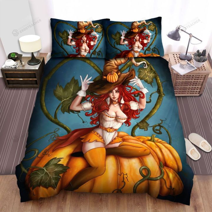 Halloween, Witch, White Witch Orange Pumpkin Bed Sheets Spread Duvet Cover Bedding Sets