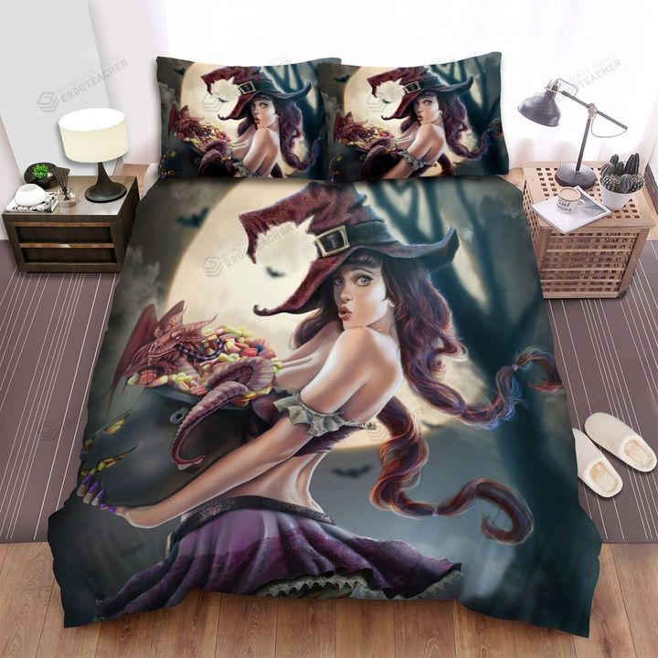 Halloween, Witch, Beautiful Witch With Dragon Bed Sheets Spread Duvet Cover Bedding Sets