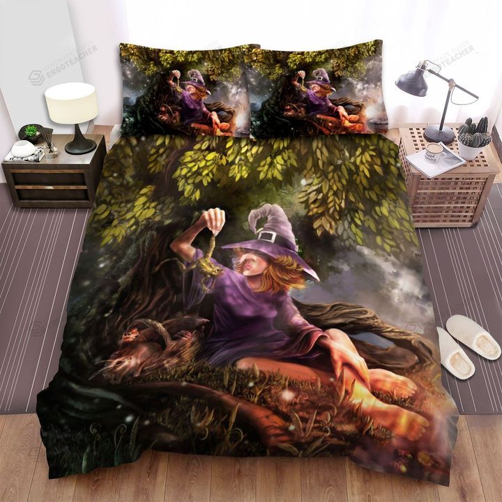 Halloween, Witch, Poor Frog And Witch Bed Sheets Spread Duvet Cover Bedding Sets