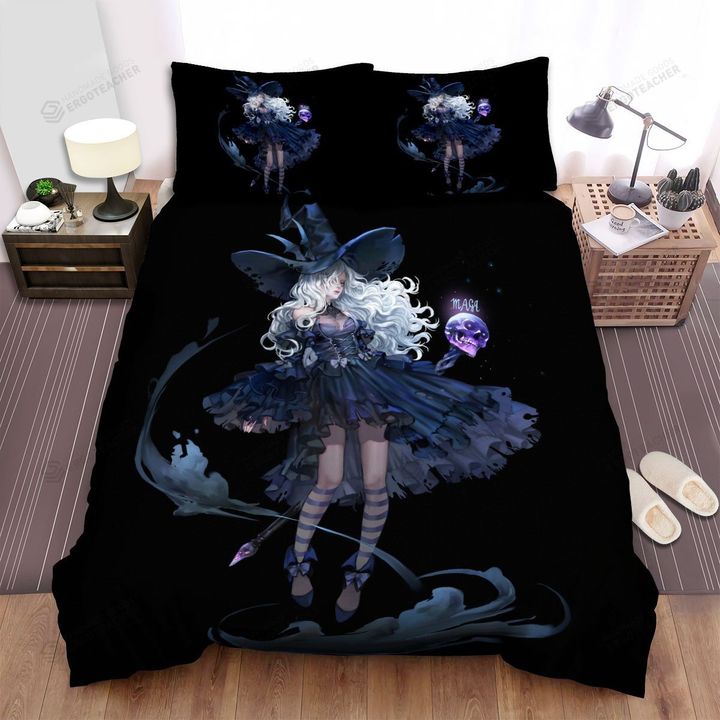 Halloween, Witch, White Hairs Witch And Skull Bed Sheets Spread Duvet Cover Bedding Sets