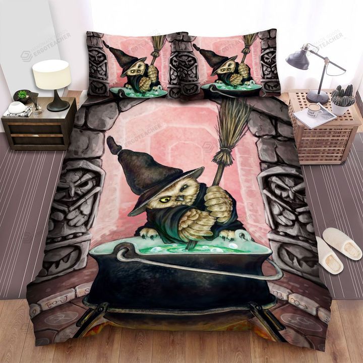 Halloween Owl The Witch Cooking His Formula Bed Sheets Spread Duvet Cover Bedding Sets