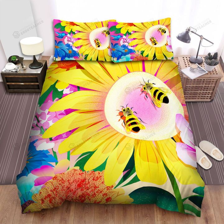 Sunflower Flowers Bird Bees Art Bed Sheets Spread  Duvet Cover Bedding Sets