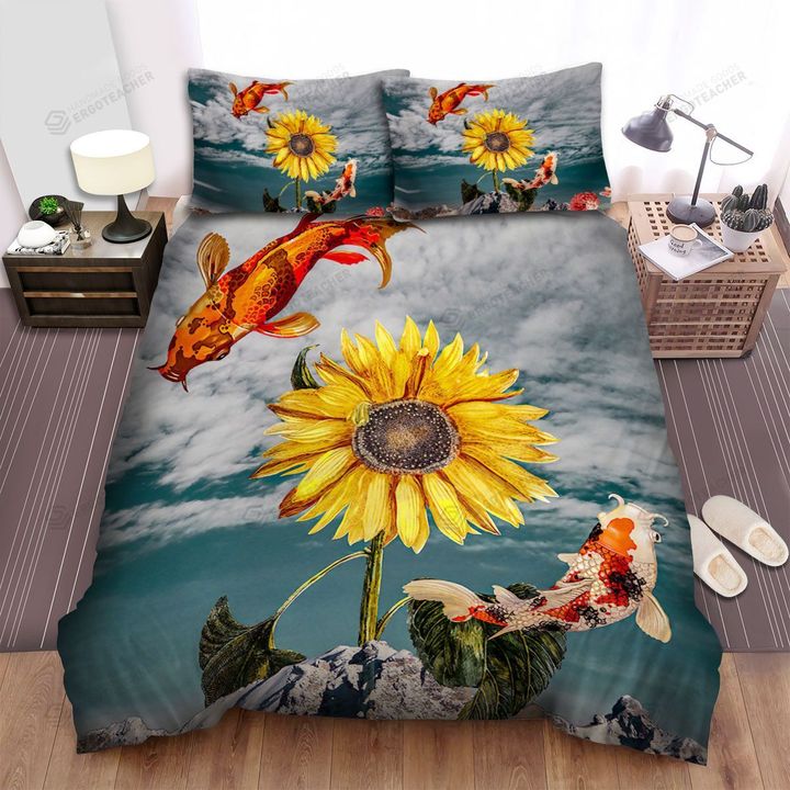 Sunflower Koi Fish Collage Art Bed Sheets Spread  Duvet Cover Bedding Sets