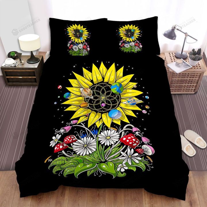 Sunflower Planets Flowers Mushroom Bed Sheets Spread  Duvet Cover Bedding Sets