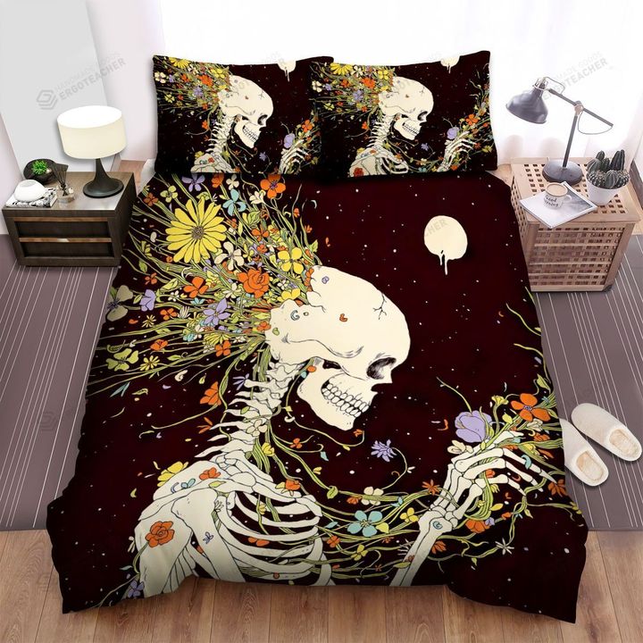Halloween Skeleton & Flowers Blooming Artwork Bed Sheets Spread Duvet Cover Bedding Sets