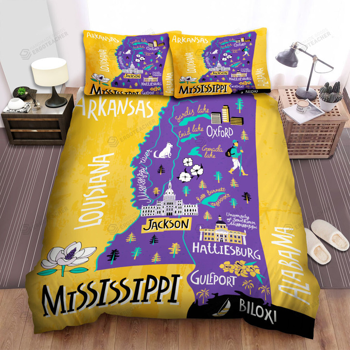 Mississippi Tourist Map Illustration Bed Sheets Spread  Duvet Cover Bedding Sets