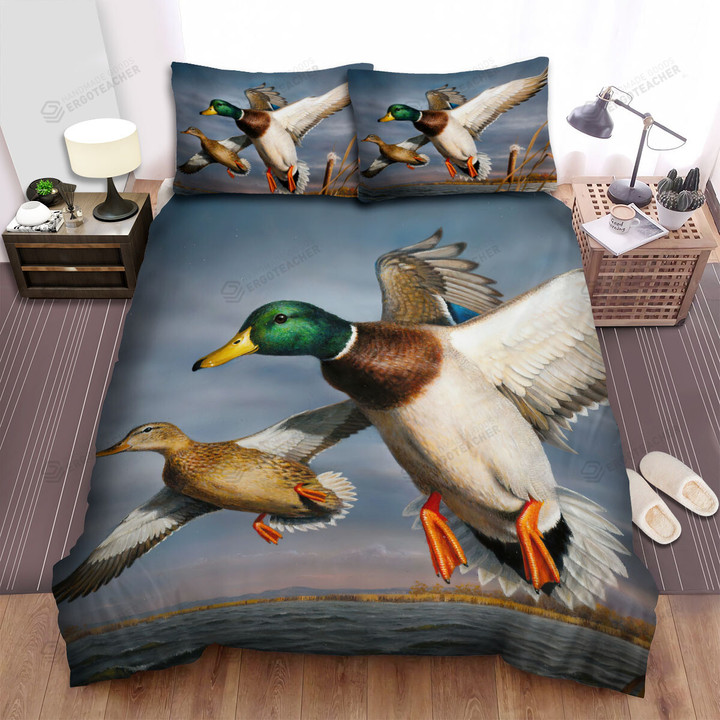The Wild Bird - The Wild Duck Couple Flying Over The Lake Bed Sheets Spread Duvet Cover Bedding Sets