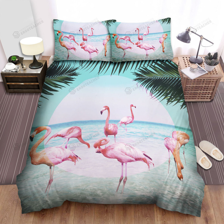 The Wildlife In Nature - The Flamingo Herd And Ocean Scenery Bed Sheets Spread Duvet Cover Bedding Sets