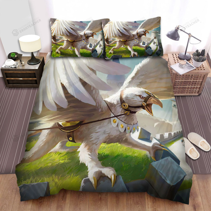 White Griffin On Defensive Wall Artwork Bed Sheets Spread Duvet Cover Bedding Sets