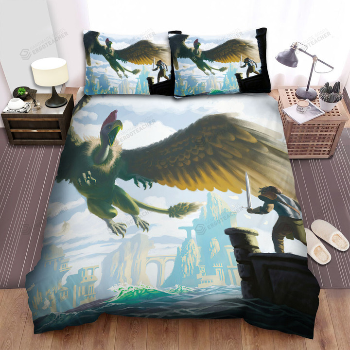 Furious Griffin Facing A Swordsman Digital Art Bed Sheets Spread Duvet Cover Bedding Sets