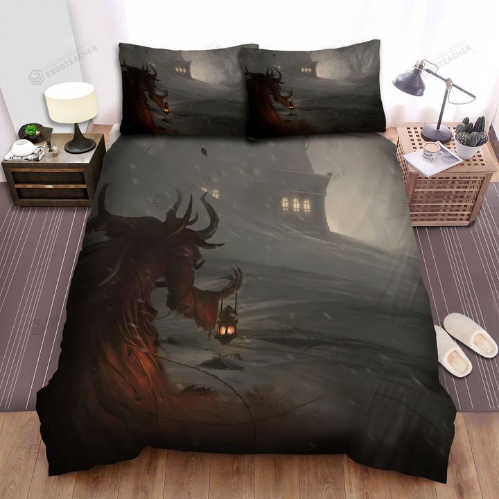 The Christmas Art, Krampus Walking In Blizzard Bed Sheets Spread Duvet Cover Bedding Sets