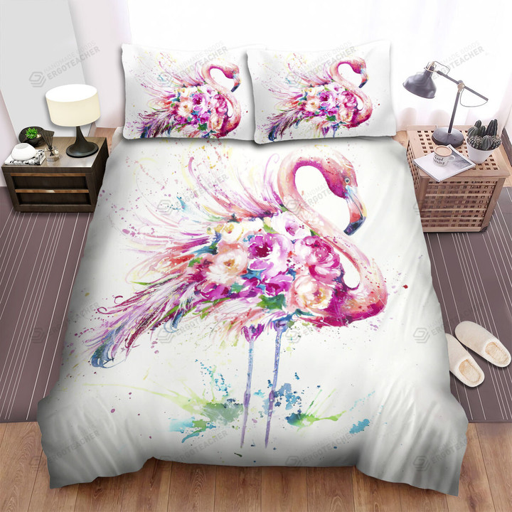 Blooming Roses Flamingo Art Bed Sheets Spread Duvet Cover Bedding Sets