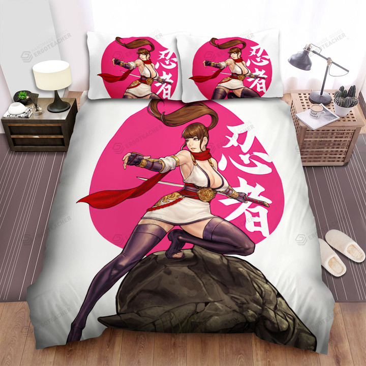 The White Kunoichi Standing On Oni Head Artwork Bed Sheets Spread Duvet Cover Bedding Sets