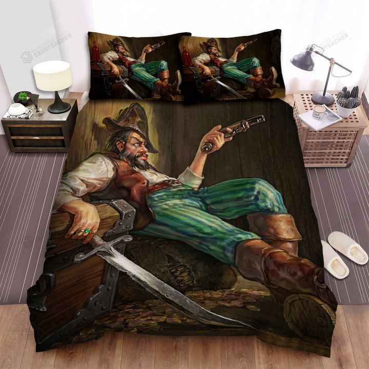 Pirate Guarding The Treasure Chest Artwork Bed Sheets Spread Duvet Cover Bedding Sets
