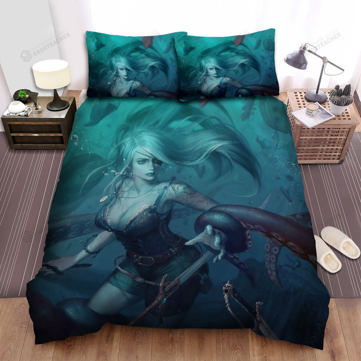Pirate Lady Being Captured By The Kraken Artwork Bed Sheets Spread Duvet Cover Bedding Sets