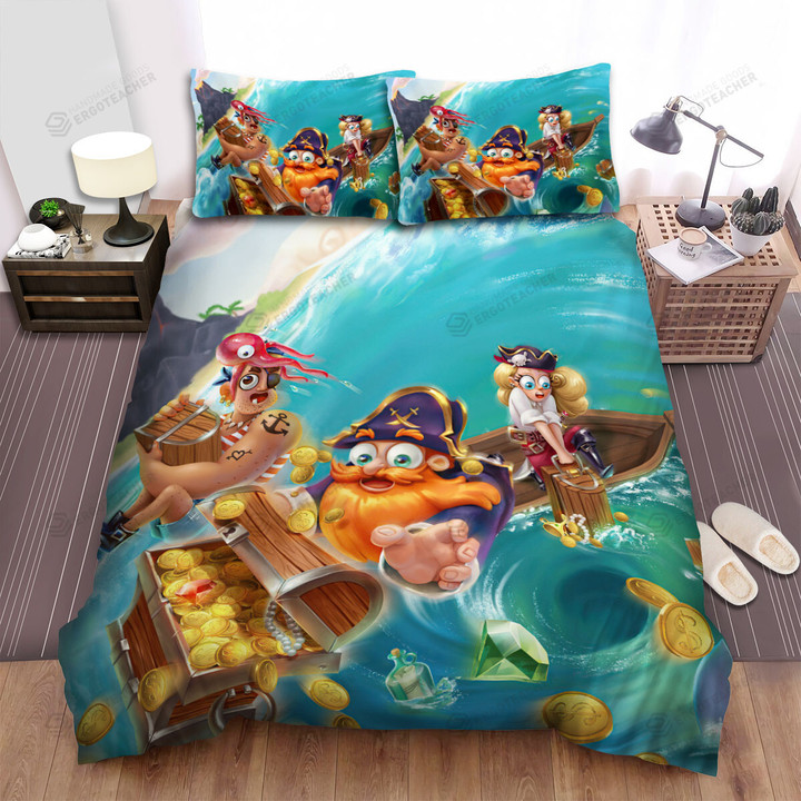 Pirates Crew & Found The Treasure Animated Illustration Bed Sheets Spread Duvet Cover Bedding Sets