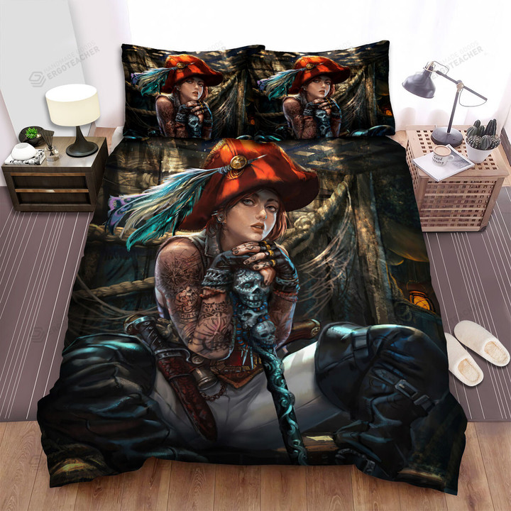 Cool Pirate Girl With Tattooed Portrait Painting Bed Sheets Spread Duvet Cover Bedding Sets