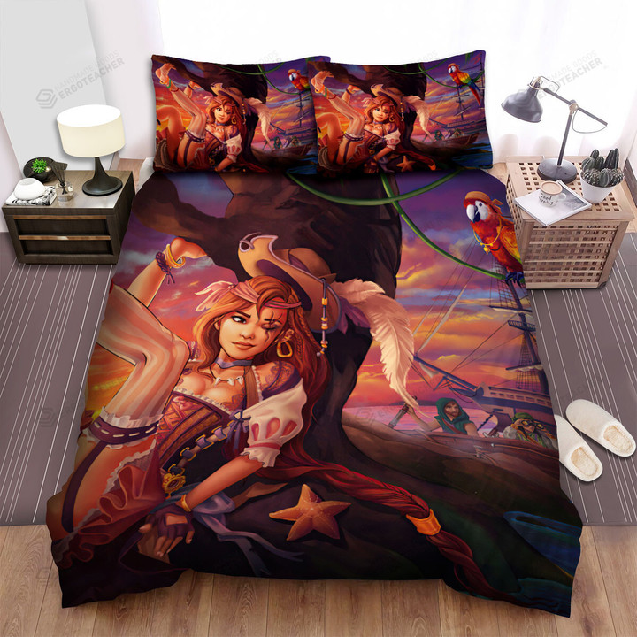 Charming Pirate Lady On Treasure Island Bed Sheets Spread Duvet Cover Bedding Sets