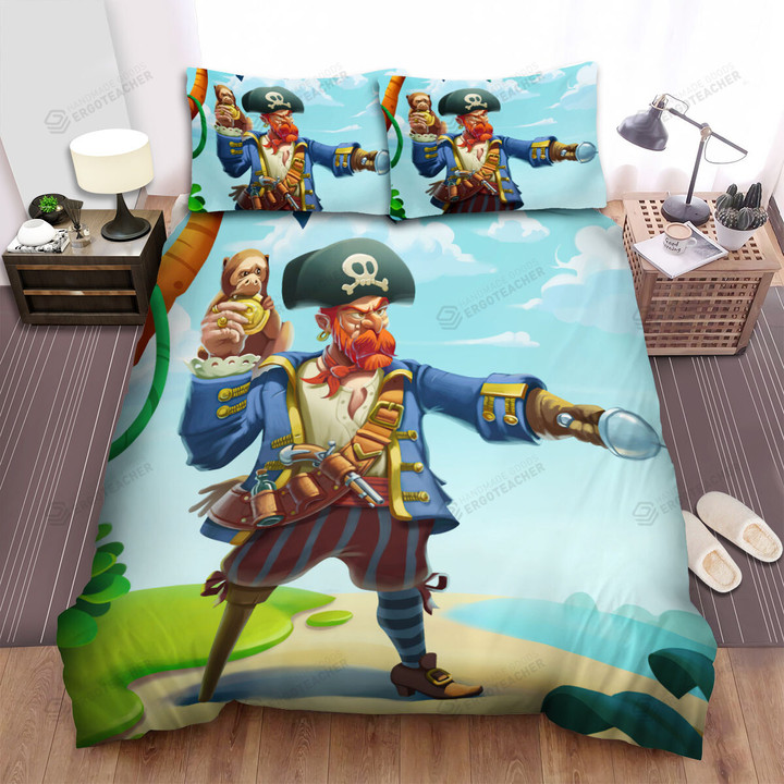 Pirate Captain Checking On The Treasure Illustration Bed Sheets Spread Duvet Cover Bedding Sets