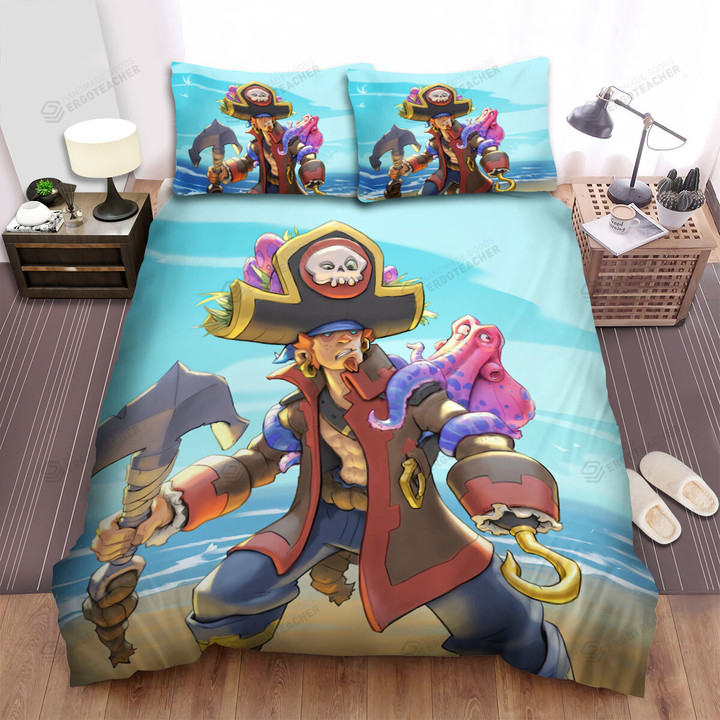 Pirate Squid On The Beach Illustration Bed Sheets Spread Duvet Cover Bedding Sets