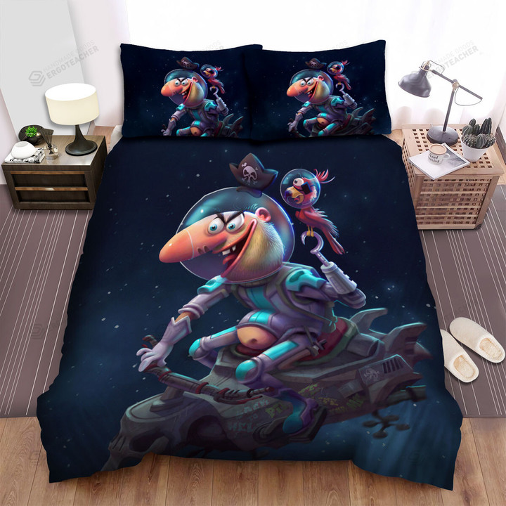 Space Pirate Captain & His Parrot Illustration Bed Sheets Spread Duvet Cover Bedding Sets