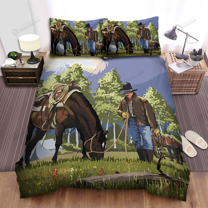 Montana Cowboys Feeding The Horses On The Grass Bed Sheets Spread  Duvet Cover Bedding Sets