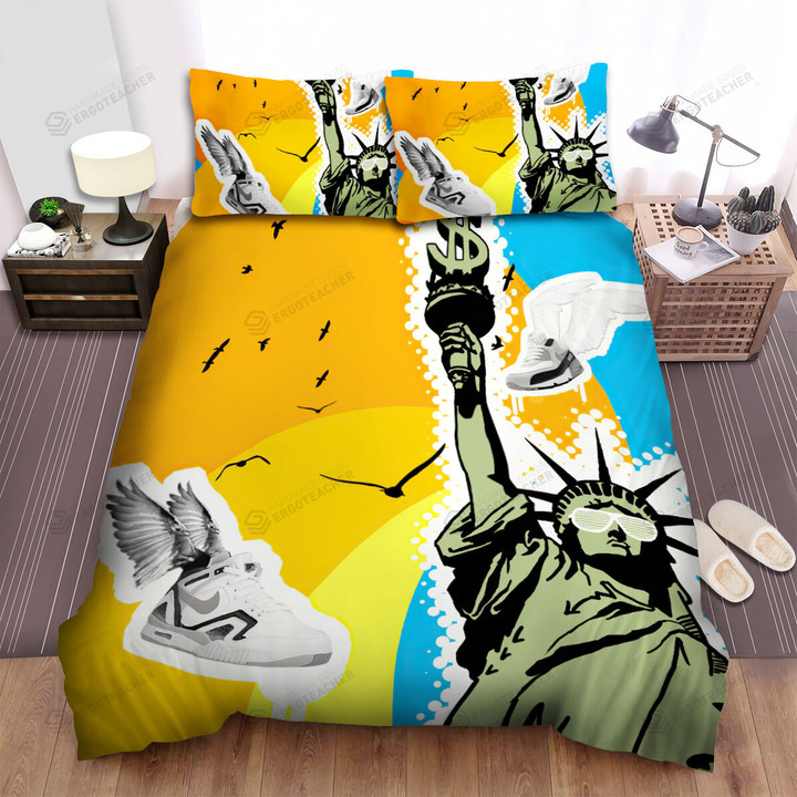 Statue Of Liberty With Glasses And Dollar Sign Shoes With Wings Pop Art Bed Sheets Spread  Duvet Cover Bedding Sets