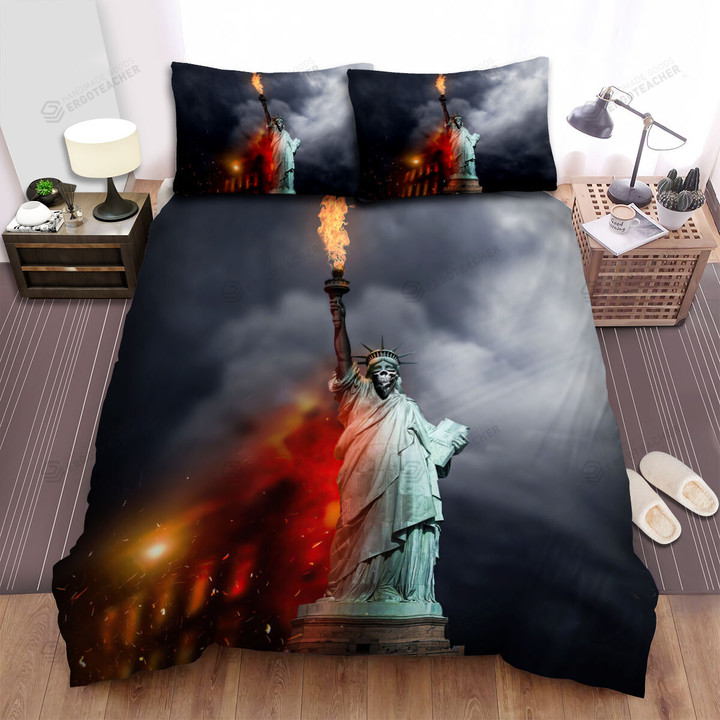 Statue Of Liberty Wears Skull Mask Blazing Building Dark Sky Bed Sheets Spread  Duvet Cover Bedding Sets