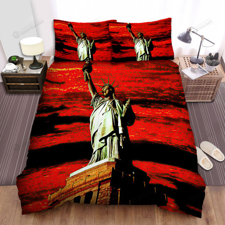 Statue Of Liberty Red Sky Blurred Face Squandered Bed Sheets Spread  Duvet Cover Bedding Sets