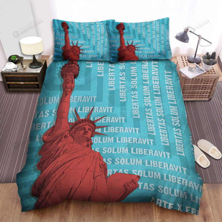 Statue Of Liberty Red Statue Blue Background Word Art Bed Sheets Spread  Duvet Cover Bedding Sets