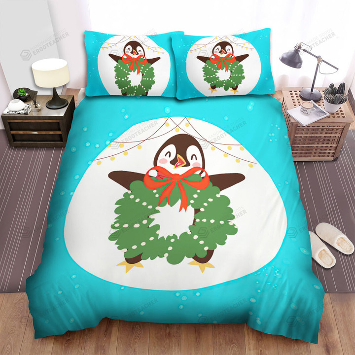 The Christmas Decoration - The Christmas Wreath And Penguin Bed Sheets Spread Duvet Cover Bedding Sets