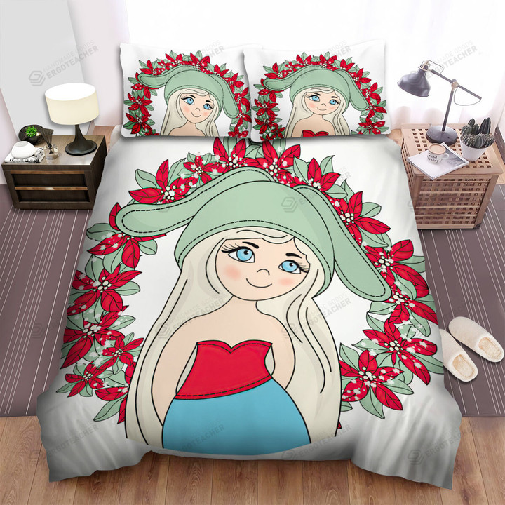 The Christmas Decoration - Red Christmas Wreath And Blonde Girl Bed Sheets Spread Duvet Cover Bedding Sets