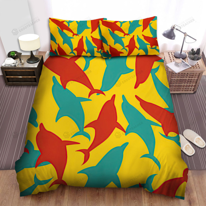 The Wildlife - The Red Dolphin And The Green Dolphin Vector Bed Sheets Spread Duvet Cover Bedding Sets