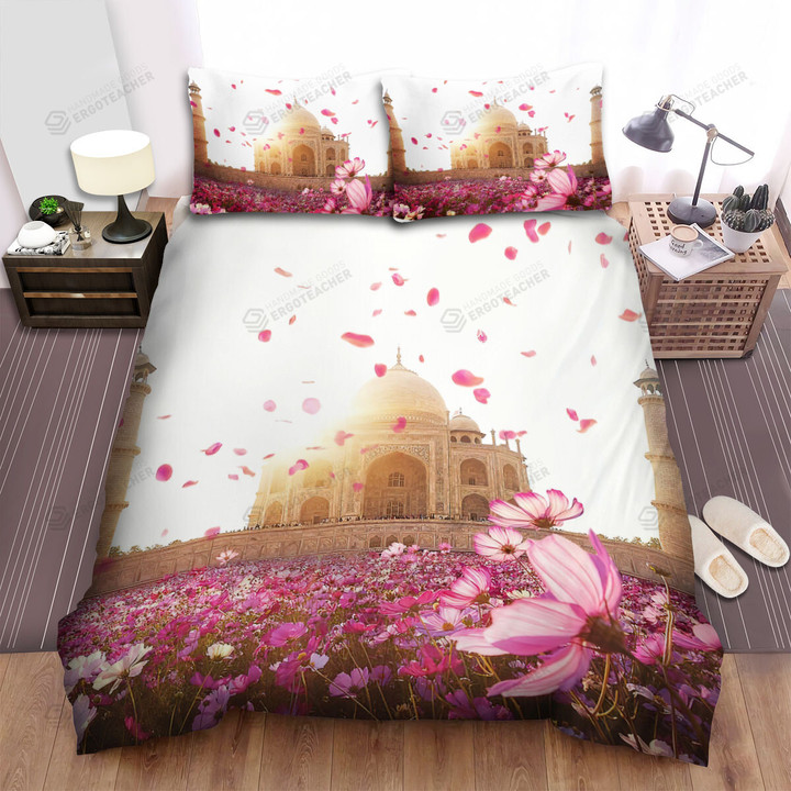 Taj Mahal Pink Flowers Petals Flying Bed Sheets Spread  Duvet Cover Bedding Sets