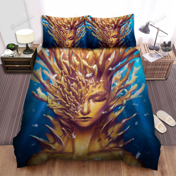 Golden Coral Girl Portrait Painting Bed Sheets Spread Duvet Cover Bedding Sets