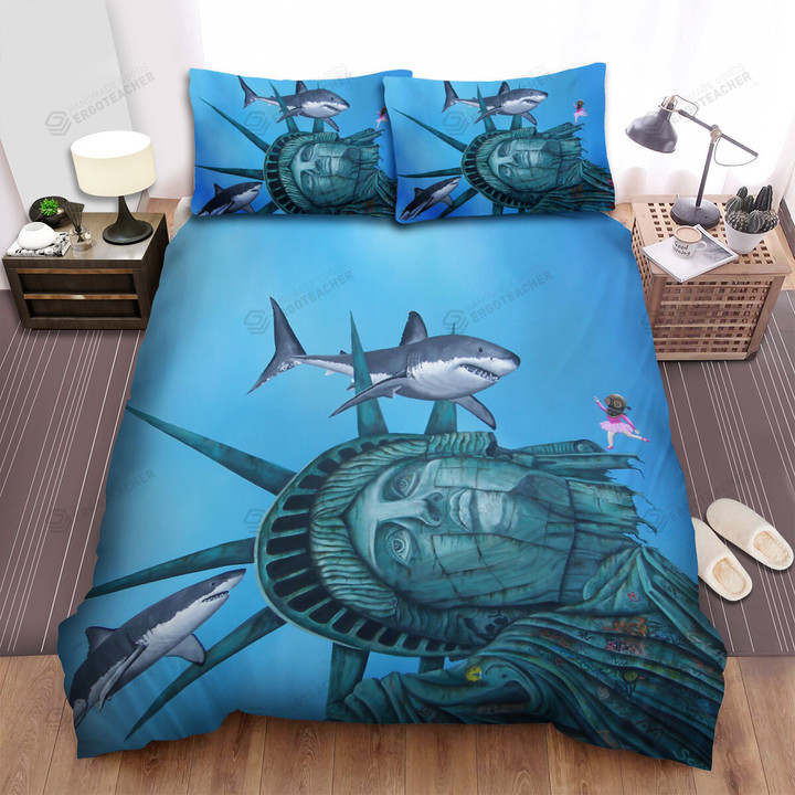 Statue Of Liberty Head Under The Sea With Sharks Bed Sheets Spread  Duvet Cover Bedding Sets