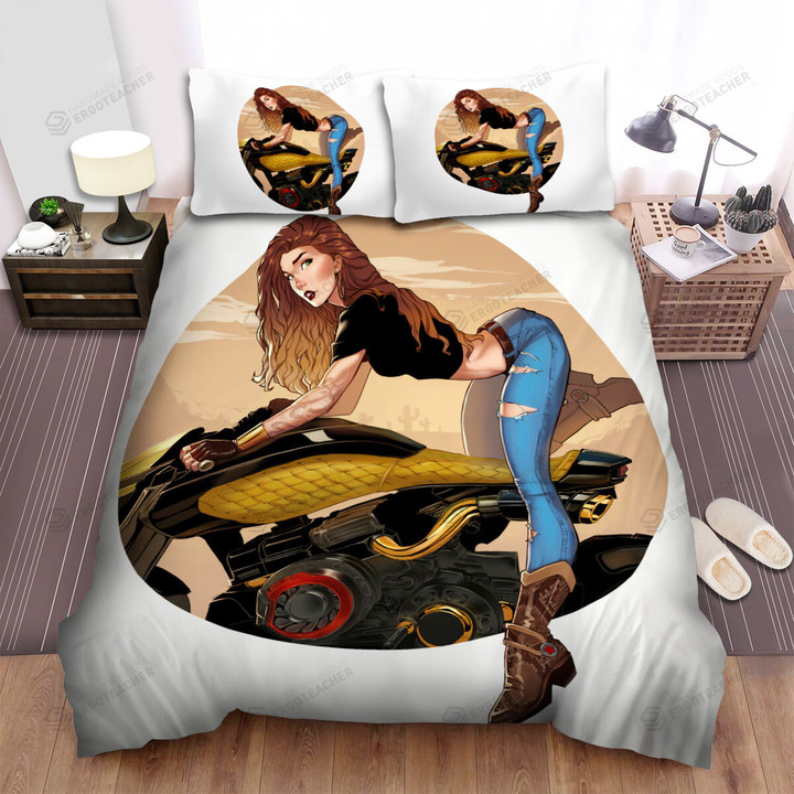 Biker Girl On Yellow Snake Skin Motorbike Illustration Bed Sheets Spread Duvet Cover Bedding Sets