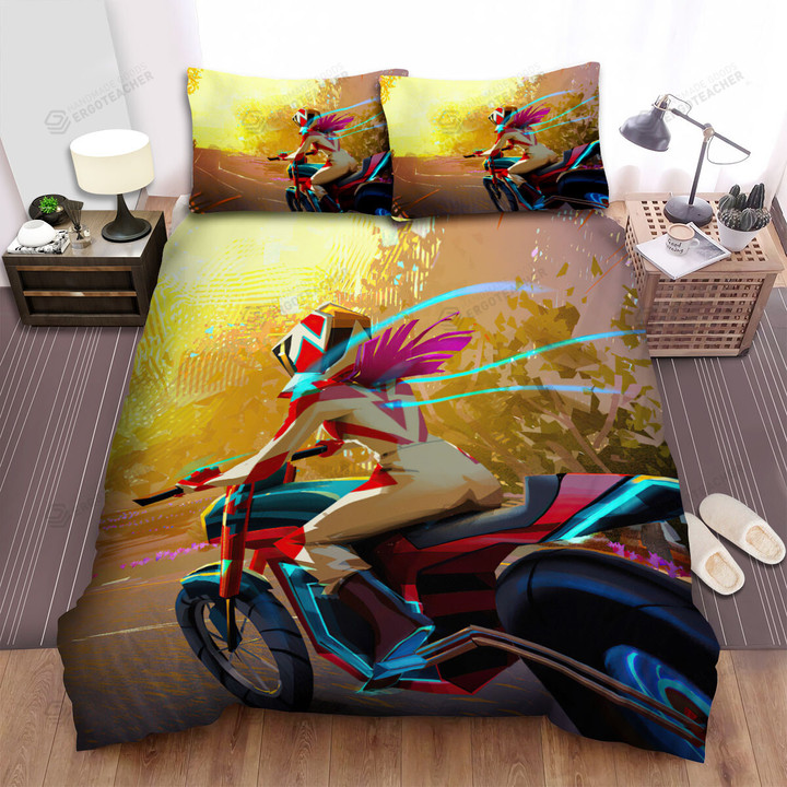 Futuristic Biker Girls On The Road Art Painting Bed Sheets Spread Duvet Cover Bedding Sets