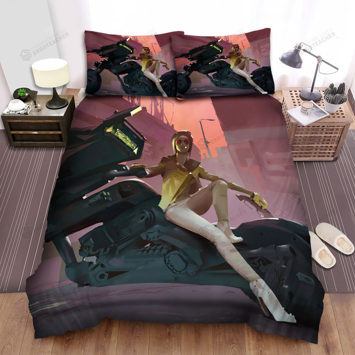 Post Apocalypse Biker Girl & Her Armed Motorbike Bed Sheets Spread Duvet Cover Bedding Sets