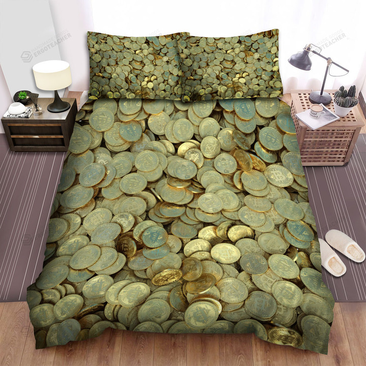 Realistic Bitcoin Token Falling Bed Sheets Spread Duvet Cover Bedding Sets