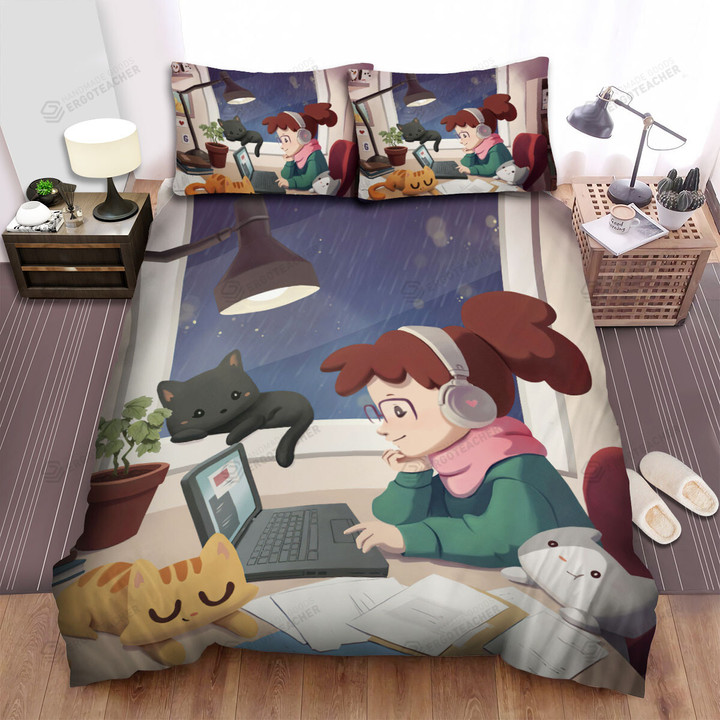Little Lofi Girl With Three Cats Illustration Bed Sheets Spread Duvet Cover Bedding Sets
