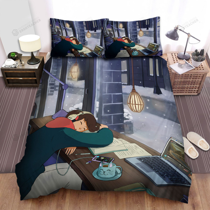 Sleeping Lofi Girl In A Coffee Shop Bed Sheets Spread Duvet Cover Bedding Sets