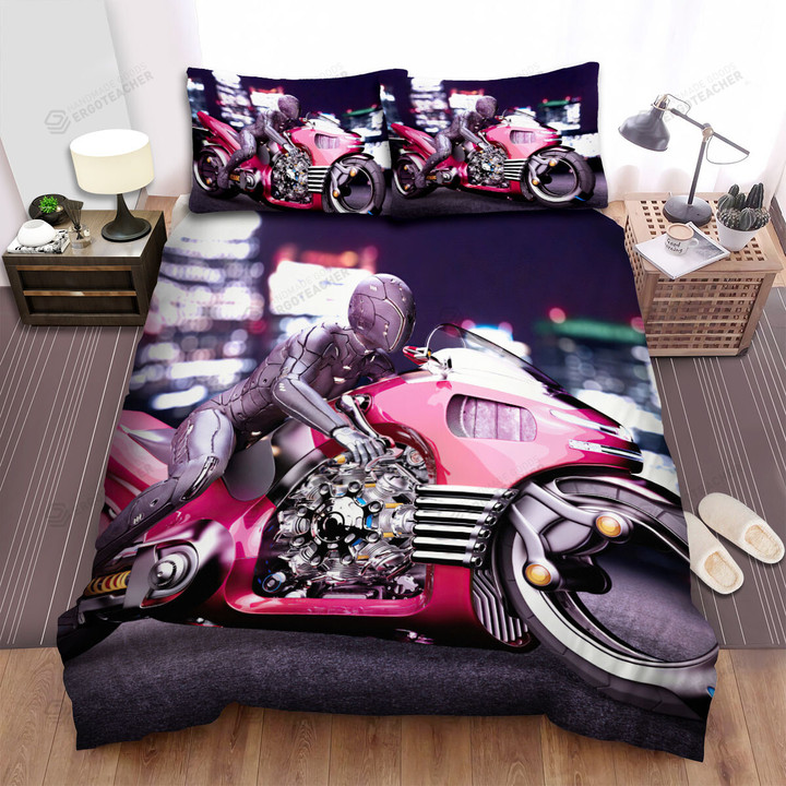 Cybernetic Biker On Futuristic Motorcycle 3d Artwork Bed Sheets Spread Duvet Cover Bedding Sets