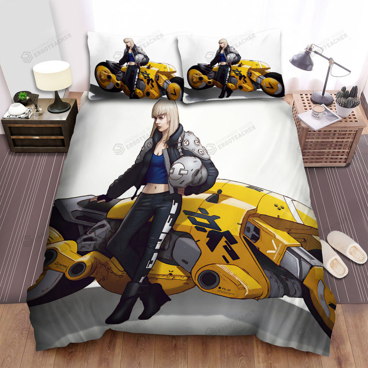 Biker Girl Leaning On Her Yellow Motorbike Illustration Bed Sheets Spread Duvet Cover Bedding Sets