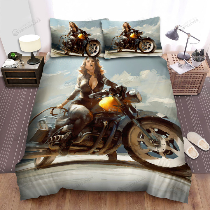 Classic Biker Lady On Her Bike Art Painting Bed Sheets Spread Duvet Cover Bedding Sets