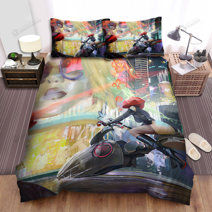 Biker Girl On Cyberpunk Street Digital Art Painting Bed Sheets Spread Duvet Cover Bedding Sets