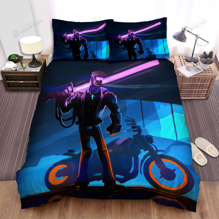 Neo 80s Biker With Neon Sword Illustration Bed Sheets Spread Duvet Cover Bedding Sets