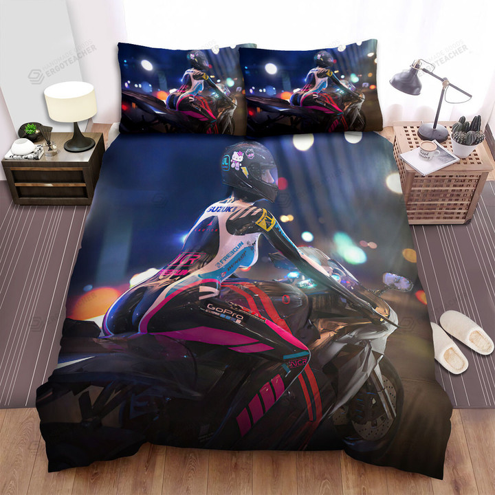 Biker Girl In Cool Motor Suit Under Street Lights 3d Artwork Bed Sheets Spread Duvet Cover Bedding Sets